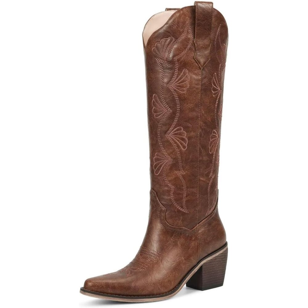 Women's Brown Knee High Cowgirl Tall Boot with Side Zipper Snip Toe Comfortable